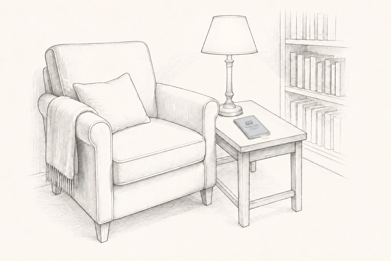 A pencil drawing of a home reading corner with an armchair, a lamp and a small Torah Daily booklet on the side table