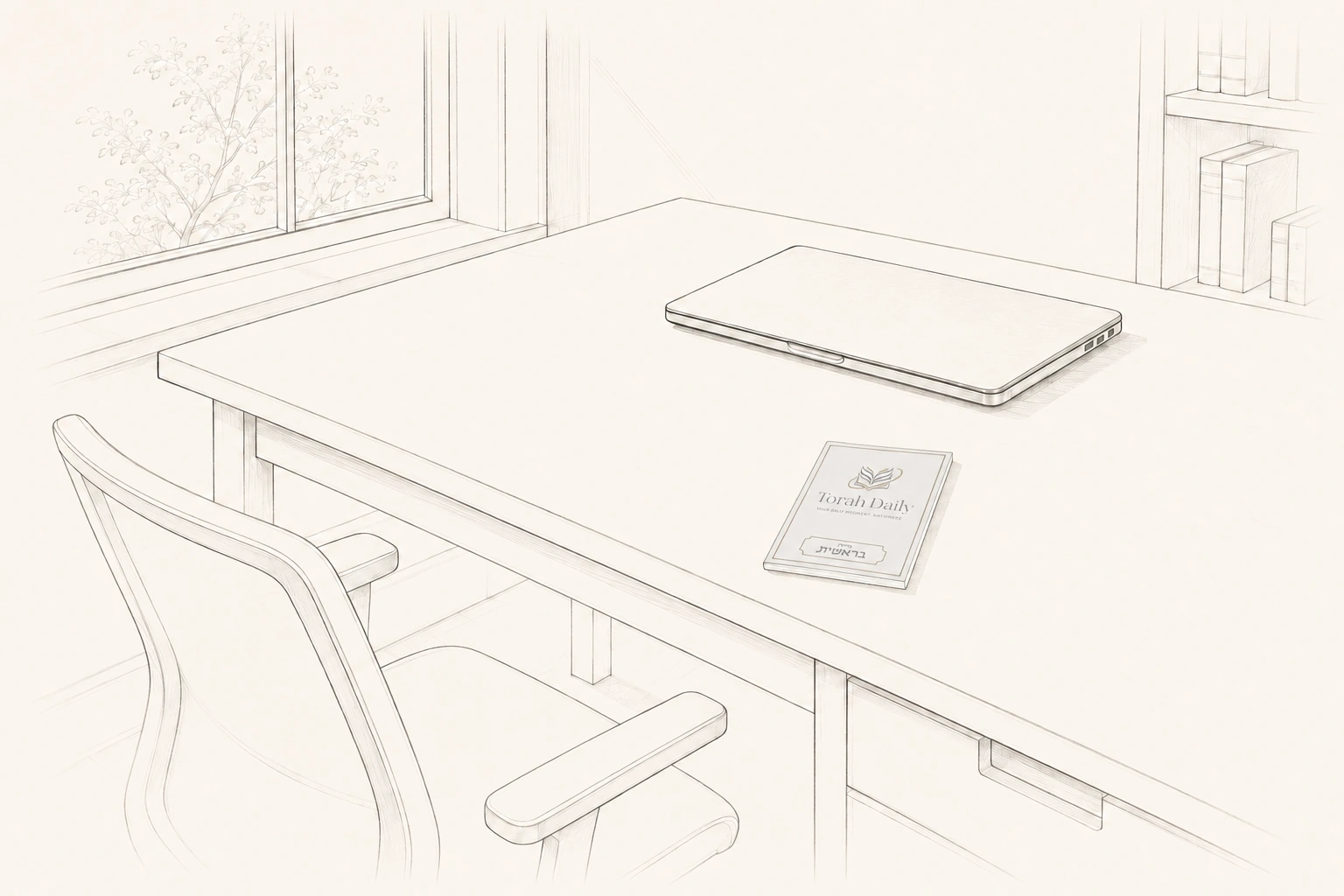 A pencil drawing of a desk by a window, with a closed laptop and a small Torah Daily booklet on the desk